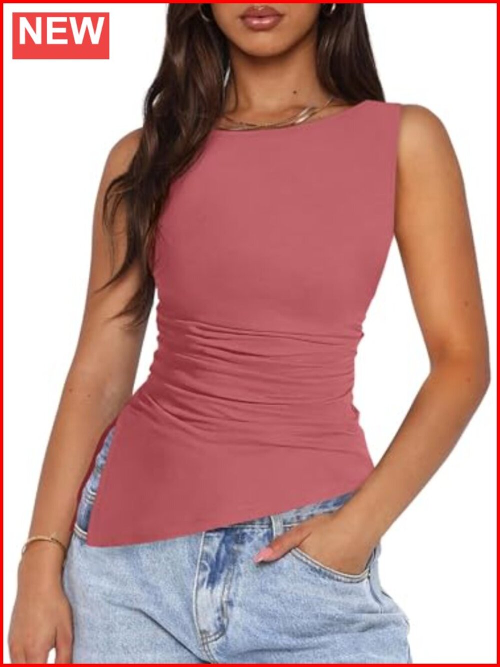 Women Ruched Tank Top Slim Fit Sleeveless Boat Neck Summer Y2K Shirt